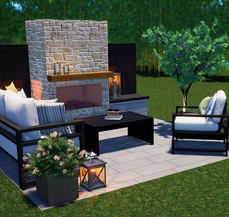 Completed 144 outdoor living space with stone fireplace