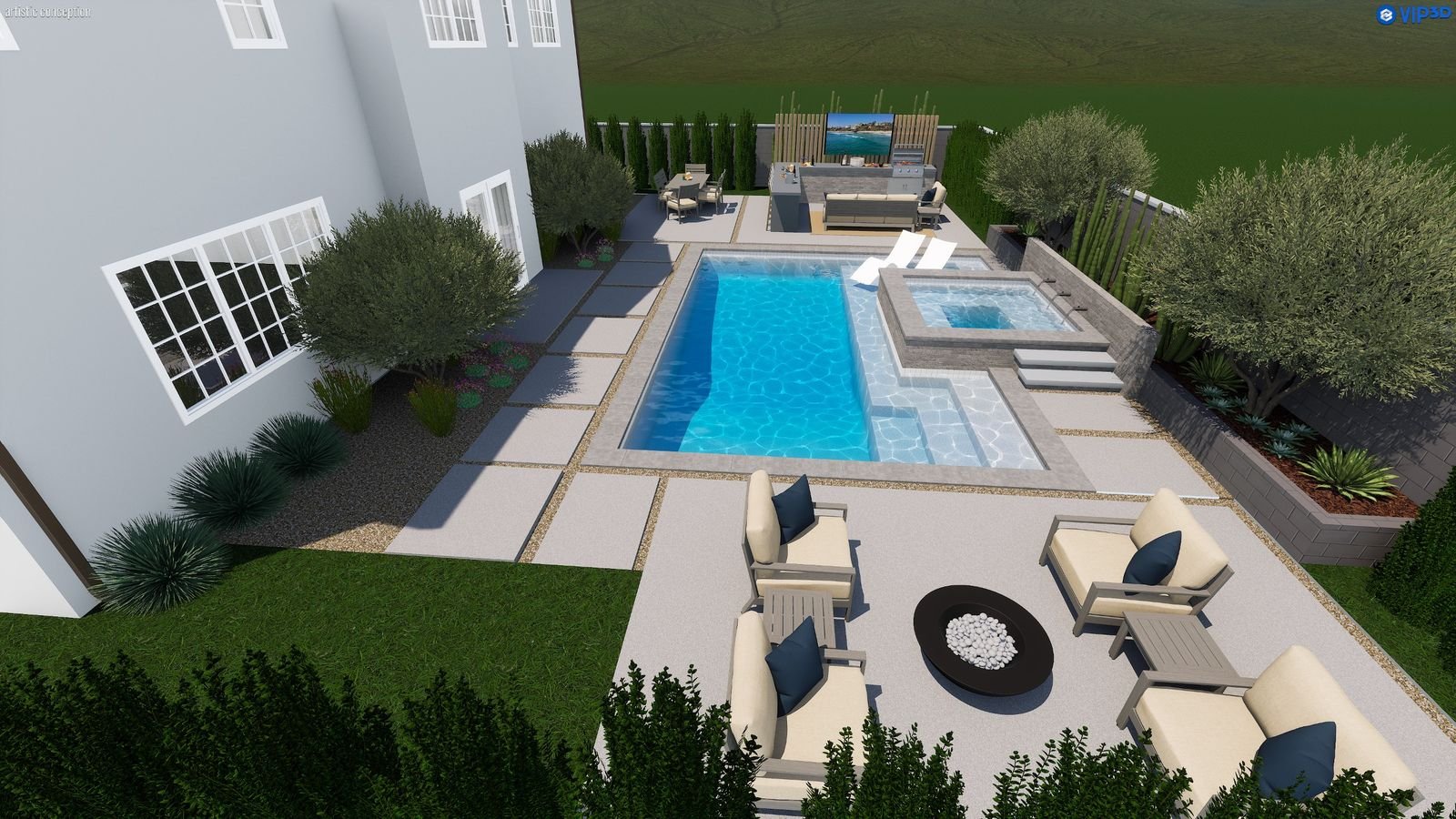 Capistrano Pool and Spa 22′ × 29′ — 3D design view