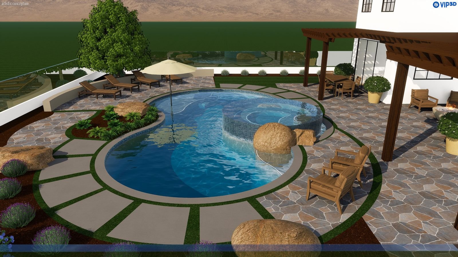 Doyle Pool and Spa 28′ × 40′ — 3D design view