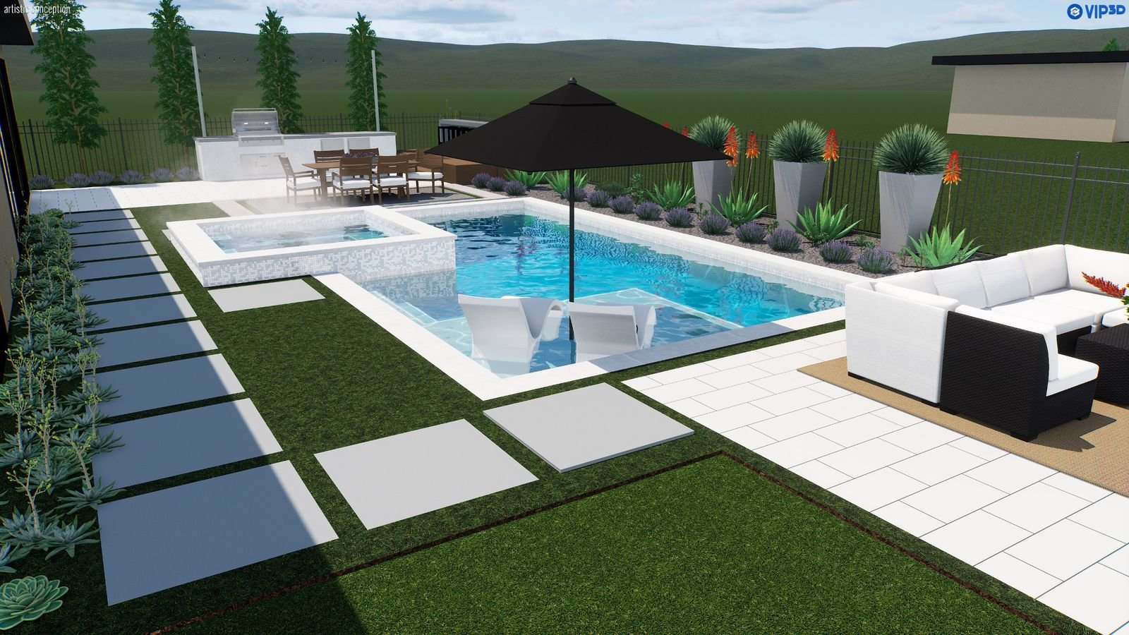 Kensington Pool and Spa 23′ × 31′ — 3D design view